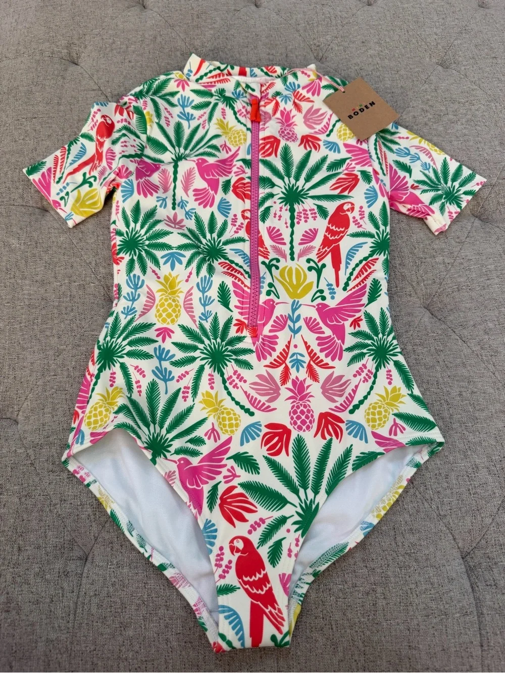 NWT BODEN SHORT SLEEVE SWIMSUIT TREE TOP JUNGLE PARROT SIZE 9-10